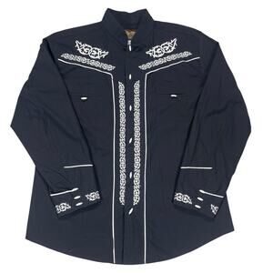 El General Charro Shirt Camisa Charra Mens Sz L Black Long Sleeve Western Wear